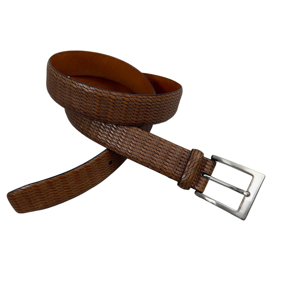 Trafalgar Belt Mens 34 Brown Italian Calfskin Leather Eastham Woven Embossed